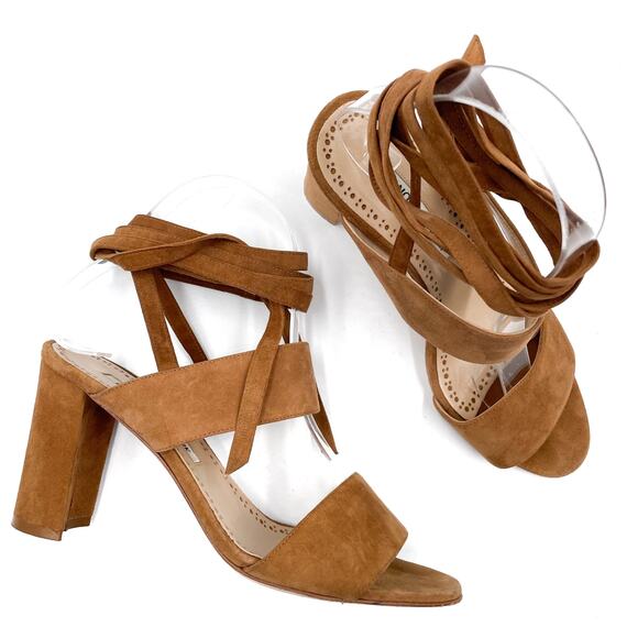 Manolo‎ Blahnik Khandala Suede Sandals Brown Ankle-Wrap Block Heel Sz 36.5 / 6.5 - Picture 1 of 9